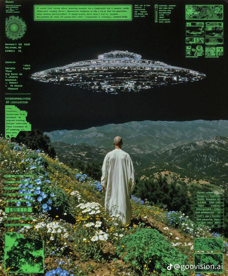 на фоне горного пейзажа спиной вперед стоит лысый человек в объемных одеждах и смотрит на летающую тарелку