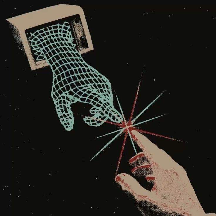 картинка-аллюзия на картину Микеланджело 'Сотворение Адама', человеческая рука тянется к матричной руке, выходящей из монитора компьютера